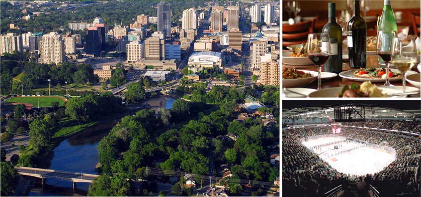 Collage of pictures of London scenery, downtown london, Budweiser Gardens, table setting of food and wine