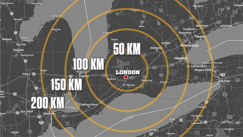 Distance of locations surrounding London, Ontario